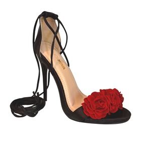 Fashion Nova Halsy Black Satin Lace Up Red Rose Applique Stiletto Sandals 6.5